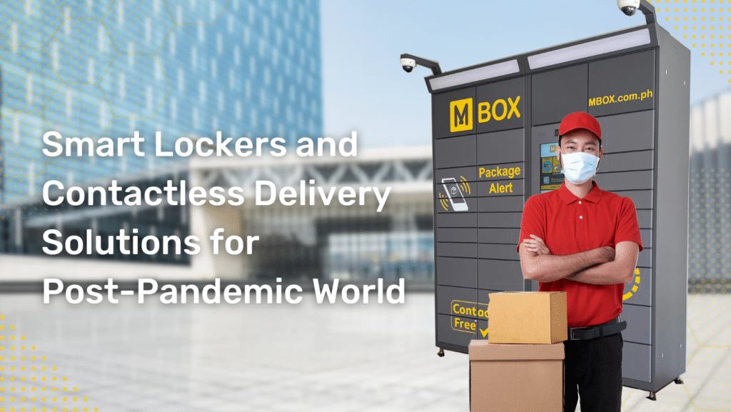 Delivery person wearing mask with smart lockers in midground on a modern structure background - main blog image