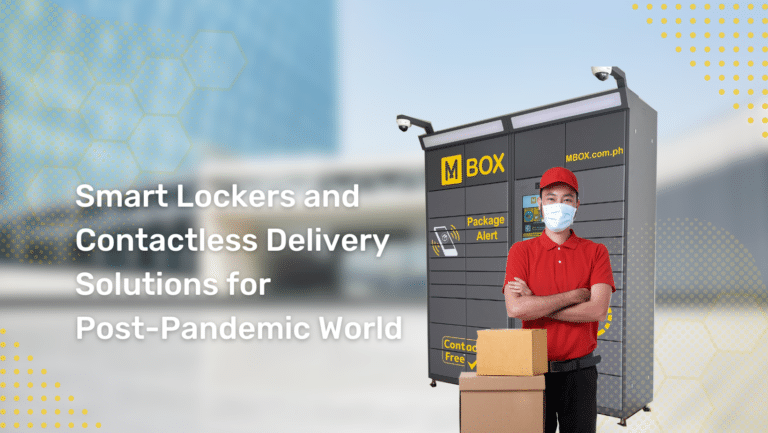 Delivery person wearing mask with smart lockers in midground on a modern structure background - feature image