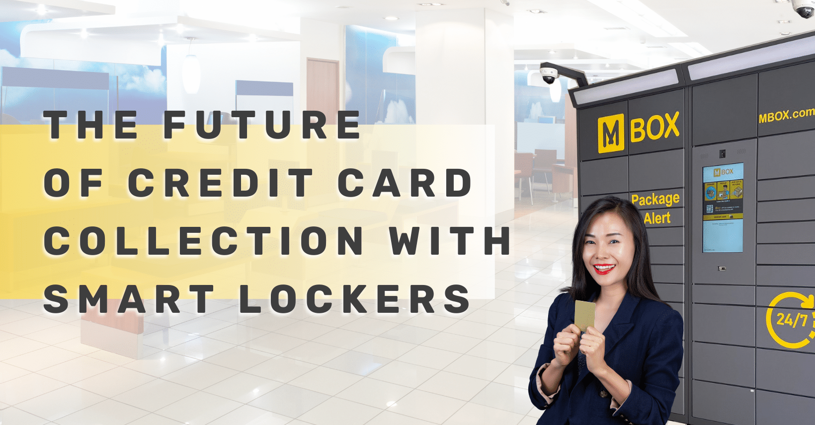 lady holding a card in front of a Smart Locker